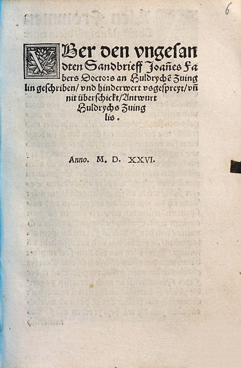 Cover of Uber den ungesandten Sandbrieff Joannes Fabers Doctors an Huldrychen Zuinglin geschriben und hinderwert usgespreyt unn nit überschickt Antwurt Huldrychs Zuinglis