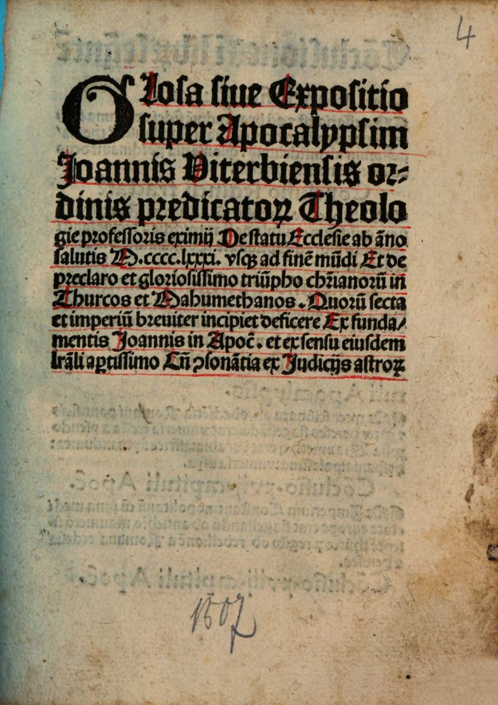 Cover of Glossa ... super Apocalypsin ... De statu ecclesiae ab a. S. 1481 usque ad finem mundi, et de praeclaro ... triumpho christianorum in Thurcos