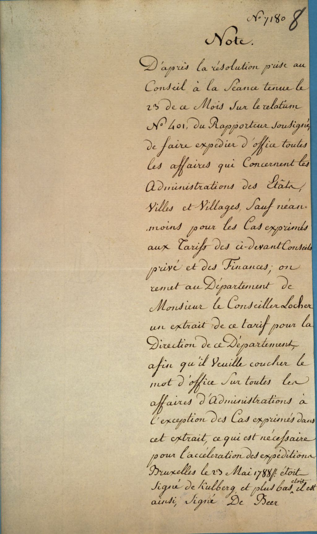 Cover of Note. D'aprés la résolution puise au Conseil à la Séance tenue le 23 de ce Mois Sur le relatum Nr. 401