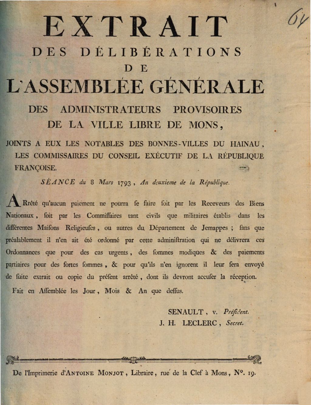 Cover of Extrait Des Délibérations De L'Assemblée Générale Des Administrateurs Provisoires De La Ville Libre De Mons, Joints A Eux Les Notables Des Bonnes-Villes Du Hainau, Les Commissaires Du Conseil Exécutif De La République Françoise. Séance du 8 Mars 1793, An deuxieme de la République