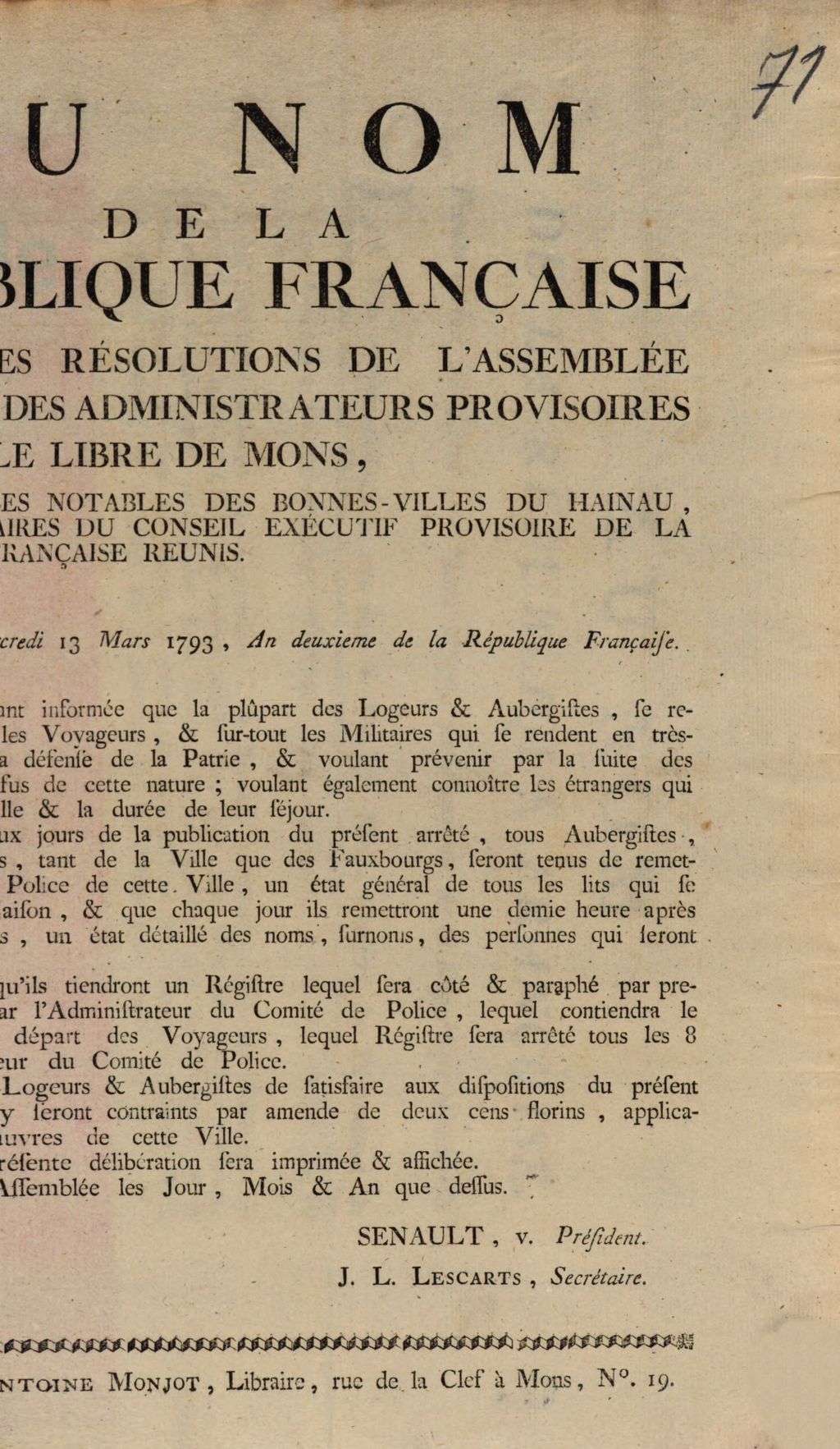 Cover of Au Nom De La Republique Française. Extrait Des Résolutions De L'Assemblée Générale Des Administrateurs Provisoires De La Ville Libre De Mons, joints A Eux Les Notables Des Bonnes Villes du Hainau, Les Commissaires Du Conseil Exécutif Provisoire De La République Française Reunis. Séance du Mercredi 13 Mars 1793, An deuxieme de la République Française