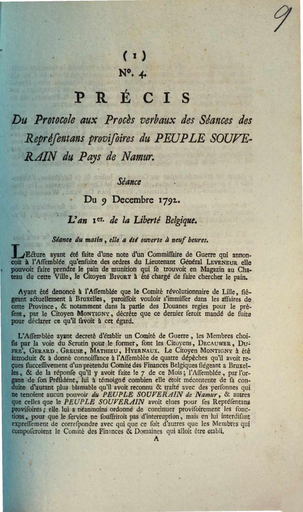Cover of Precis Du Protocole aux Proces verbaux des Seances des Representans provisoires du Peuple Souverain du Pays de Namur. Seance Du 9 Decembre 1792. L'an 1er de la Liberte Belgique