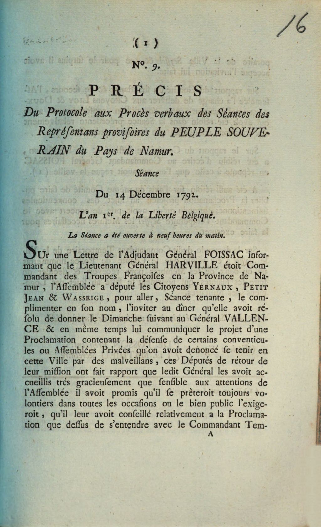Cover of Precis Du Protocole aux Proces verbaux des Seances des Representans provisoires du Peuple Souverain du Pays de Namur. Seance Du 14. Decembre 1792. Ll'an 1er de la Liberte Belgique