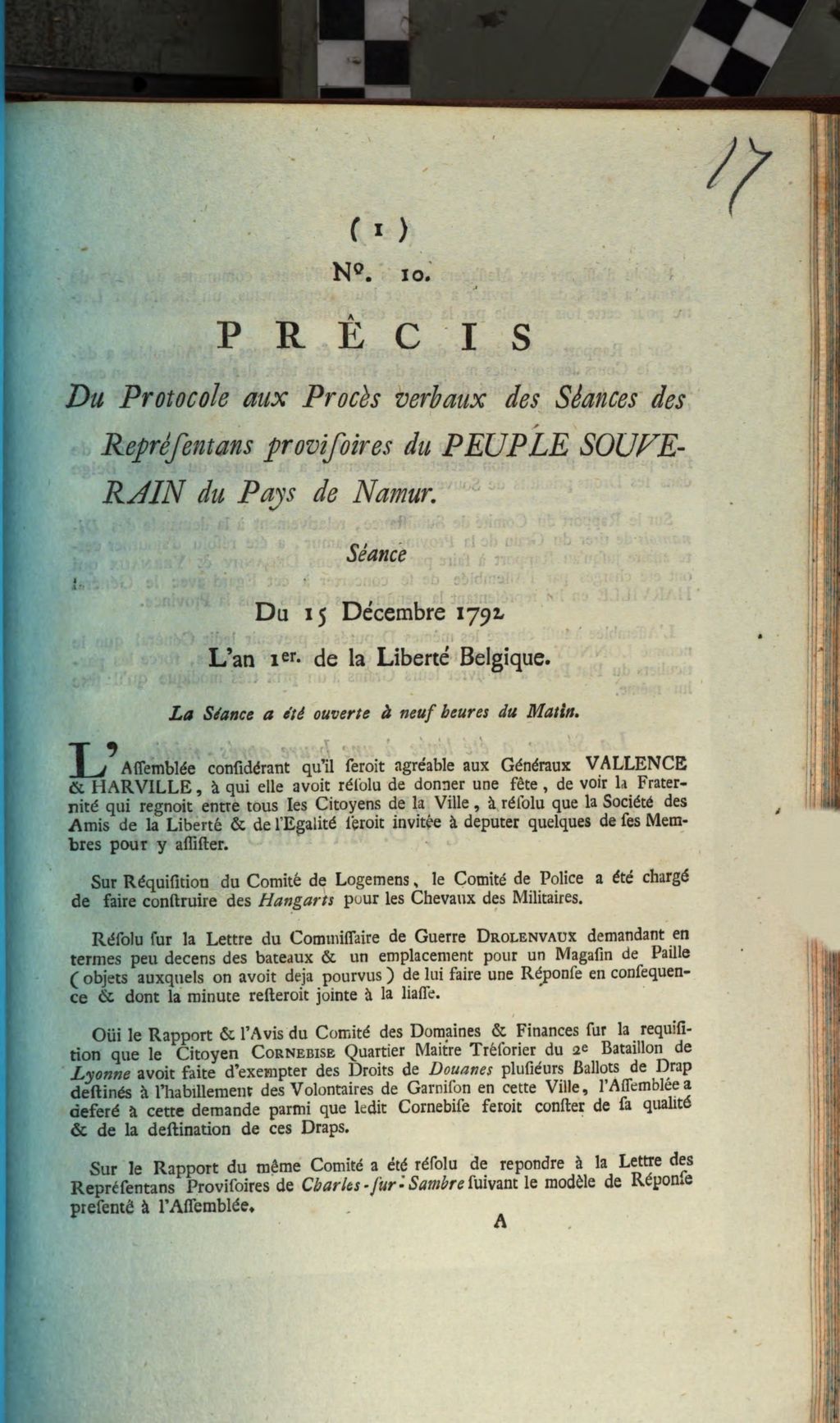Cover of Precis Du Protocole aux Proces verbaux des Seances des Representans provisoires du Peuple Souverain du Pays de Namur. Seance Du 15. Decembre 1792. L'an 1er de la Liberte Belgique