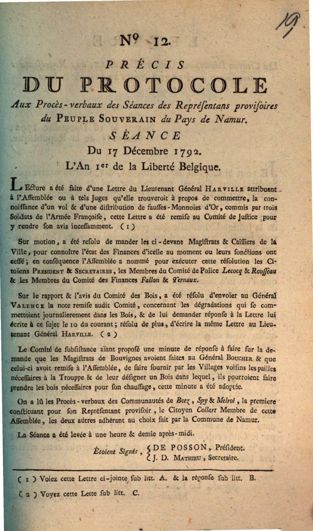 Cover of Precis Du Protocole aux Proces-verbaux des Seances des Representans provisoires du Peuple Souverain du Pays de Namur. Seance Du 17. Decembre 1792. L'an 1er de la Liberte Belgique