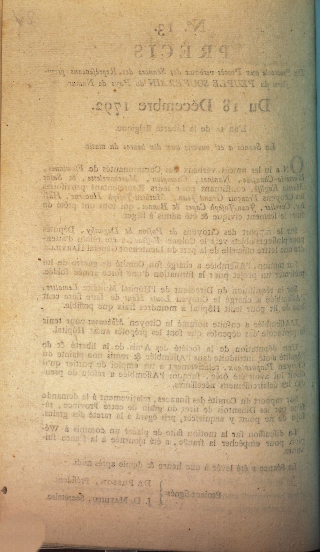 Cover of Precis Du Protocole aux Proces verbaux des Seances des Representans provisoires du Peuple Souverain du Pays de Namur. Du 18. Decembre 1792. L'an 1r de la Liberte Belgique. La Seance a ete ouverte aux dix heures du matin