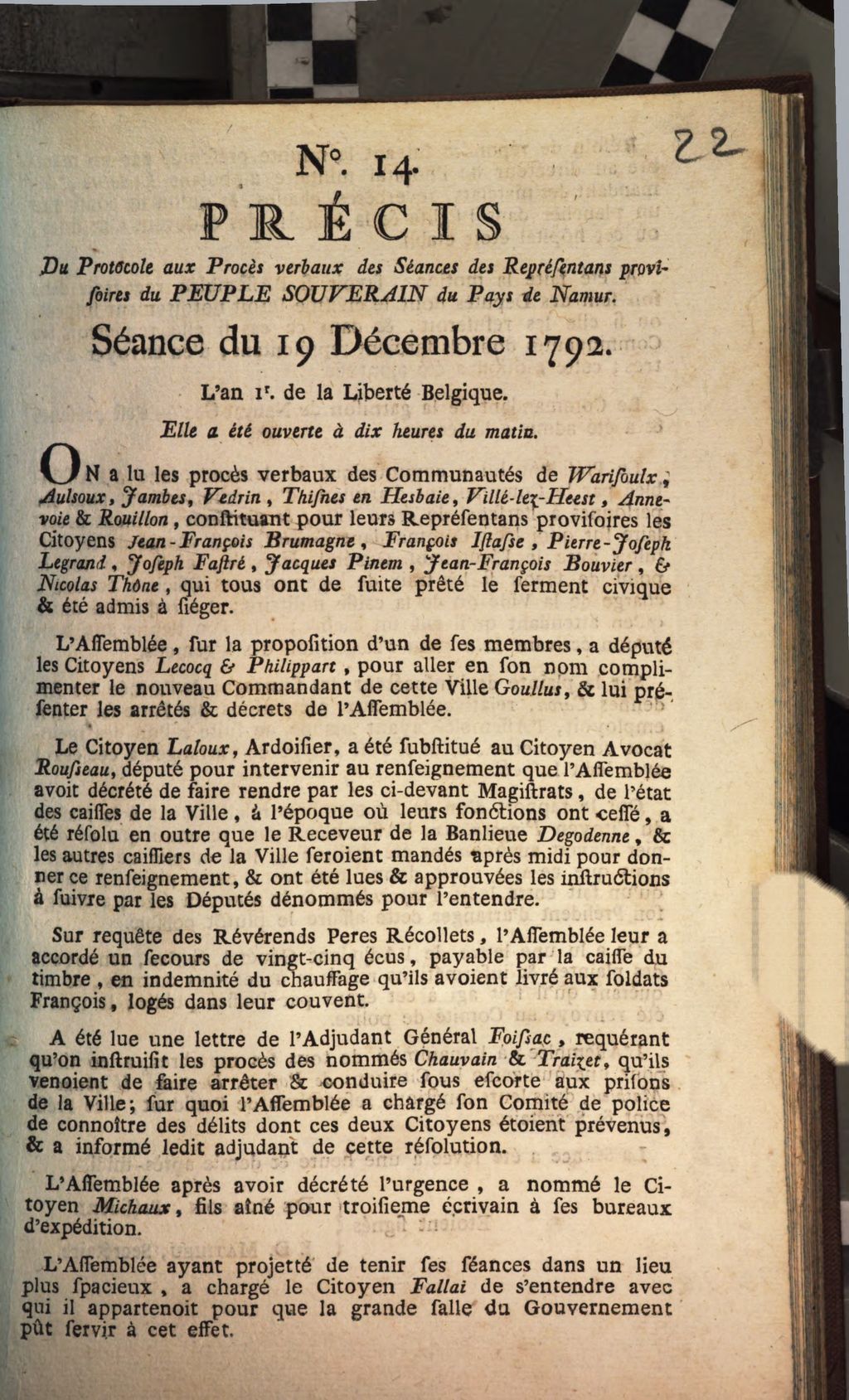 Cover of Precis Du Protocole aux Proces verbaux des Seances des Representans provisoires du Peuple Souverain du Pays de Namur. Seance du 19 Decembre 1792. L'an 1r de la Liberte Belgique. Elle a ete ouverte aux dix heures du matin