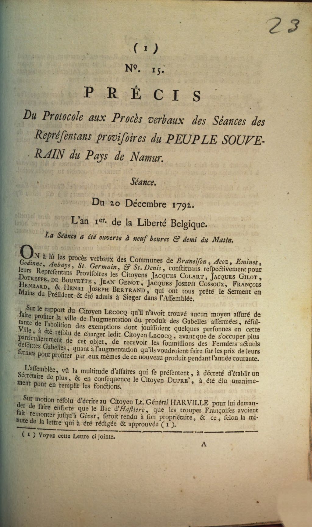 Cover of Precis Du Protocole aux Proces verbaux des Seances des Representans provisoires du Peuple Souverain du Pays de Namur. Seance . Du 20 Decembre 1792. L'an 1r de la Liberte Belgique. La Seance a ete ouverte a neuf heures & demi du Matin