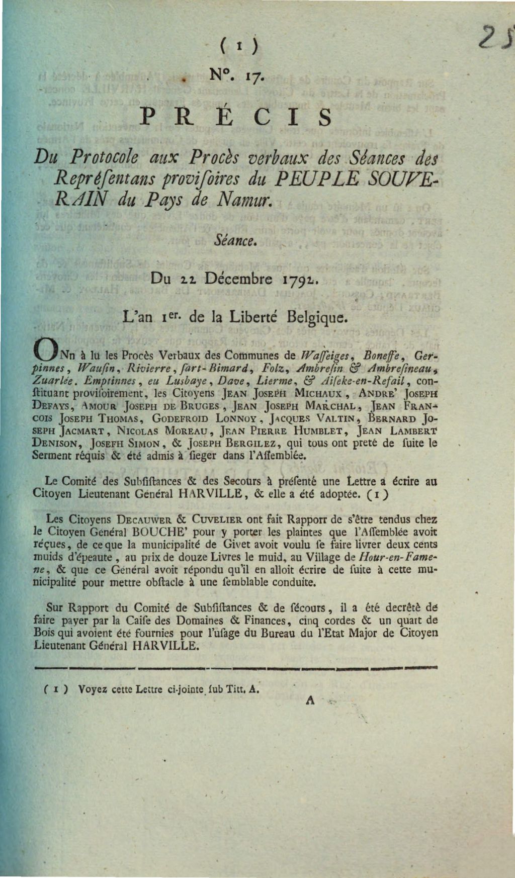 Cover of Precis Du Protocole aux Proces verbaux des Seances des Representans provisoires du Peuple Souverain du Pays de Namur. Seance . Du 22 Decembre 1792. L'an 1er de la Liberte Belgique