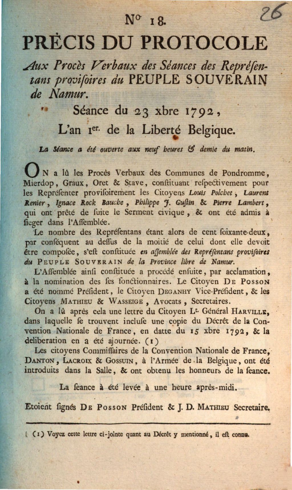 Cover of Precis Du Protocole Aux Proces verbaux des Seances des Representans provisoires du Peuple Souverain du Pays de Namur. Seance du 23 xbre 1792, L'an 1er de la Liberte Belgique. La Seance a ete ouverte aux neuf heures & demie du matin