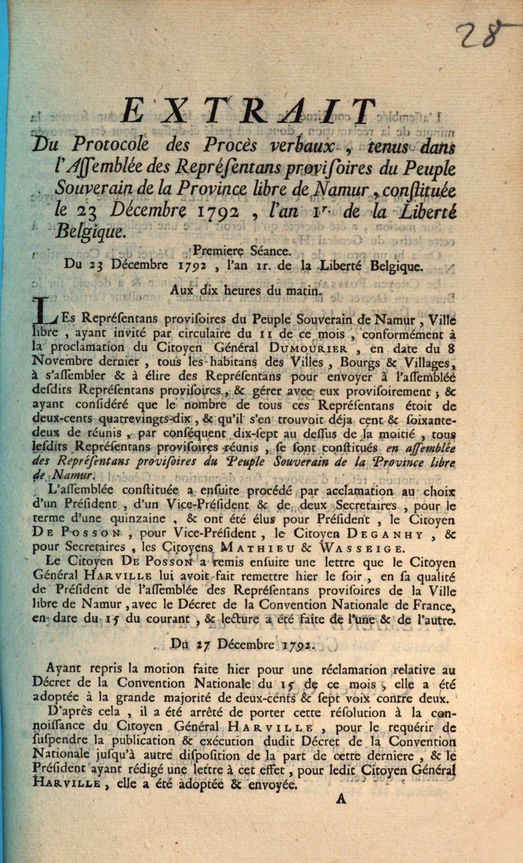 Cover of Extrait Du Protocole des Proces verbaux, tenus dans l'Assemblee des Representans provisoires du Peuple Souverain de la Province libre de Namur, constiuee le 23 Decembre 1792, l'an 1r de la Liberte Belgique