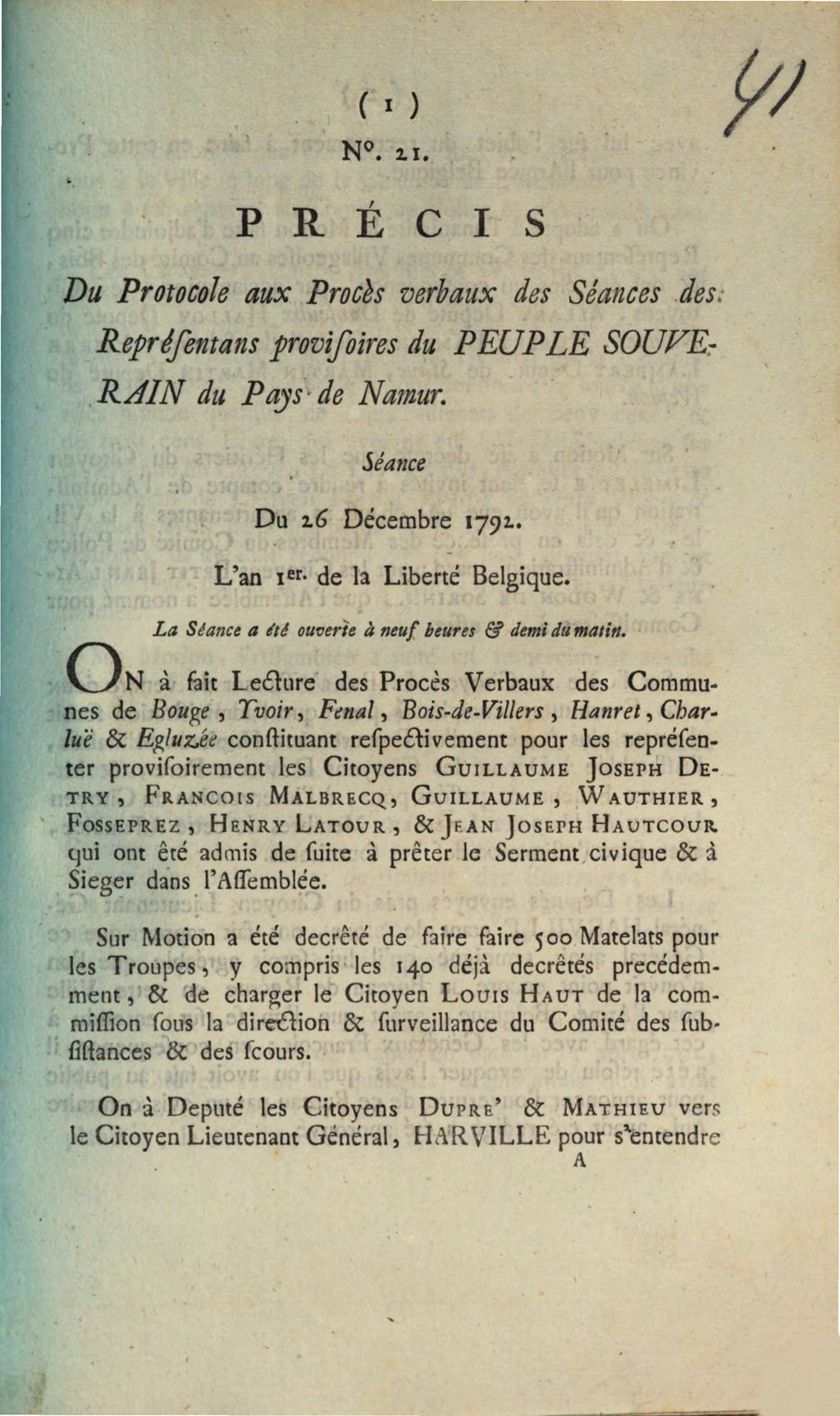 Cover of Precis Du Protocole Aux Proces verbaux des Seances des Representans provisoires du Peuple Souverain du Pays de Namur. Seance Du 26 Decembre 1792. L'an 1er de la Liberte Belgique. La Seance a ete ouverte aux neuf heures & demi apres-matin