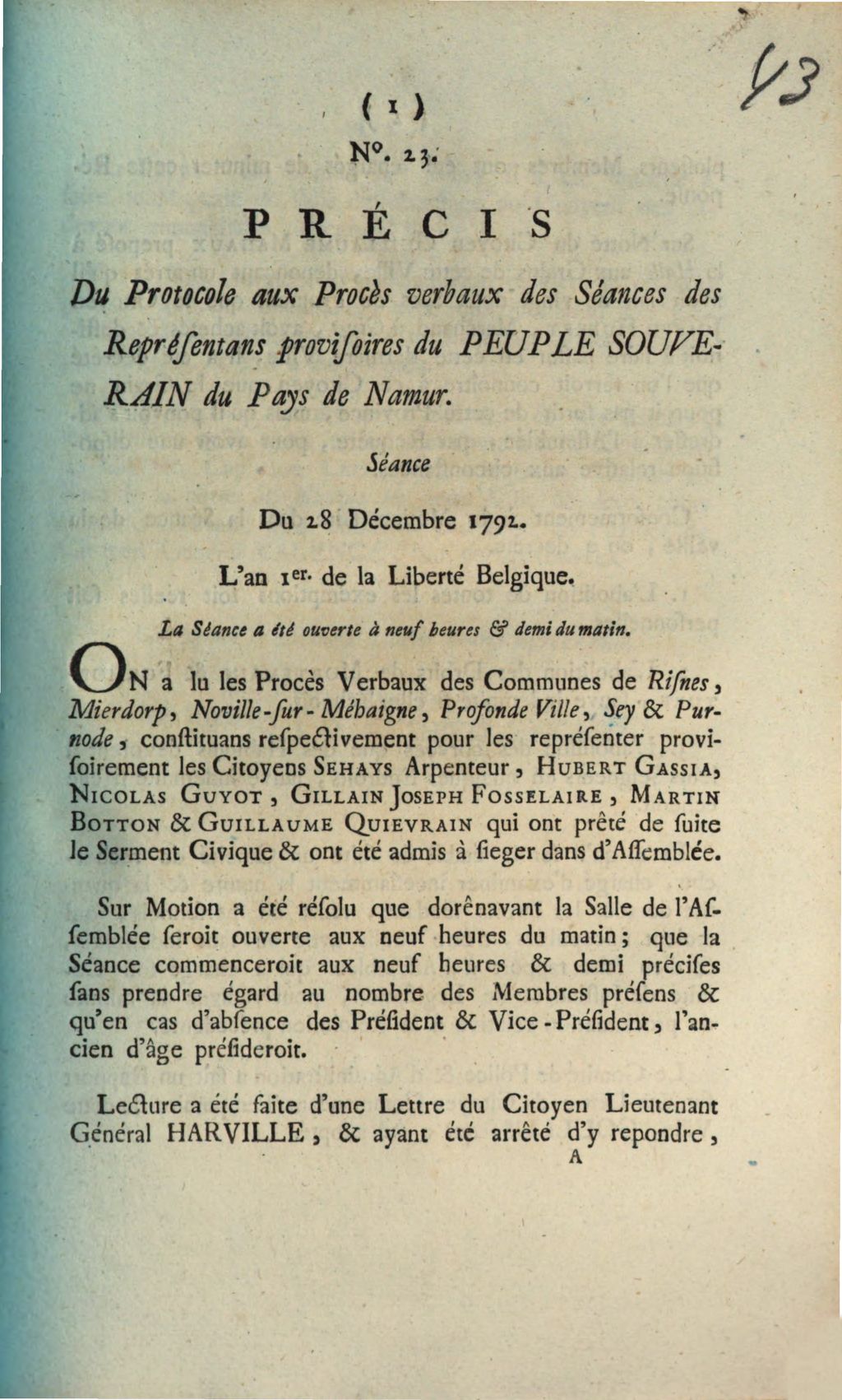 Cover of Precis Du Protocole Aux Proces verbaux des Seances des Representans provisoires du Peuple Souverain du Pays de Namur. Seance Du 28 Decembre 1792. L'an 1er de la Liberte Belgique. La Seance a ete ouverte a neuf heures & demi du matin
