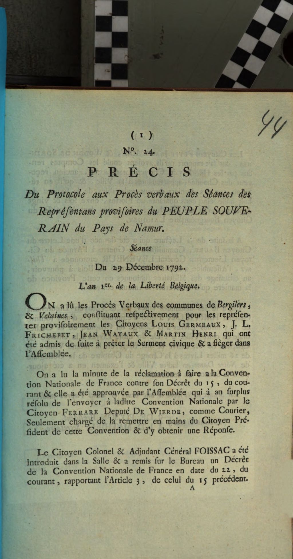 Cover of Precis Du Protocole Aux Proces verbaux des Seances des Representans provisoires du Peuple Souverain du Pays de Namur. Seance Du 29 Decembre 1792. L'an 1er de la Liberte Belgique