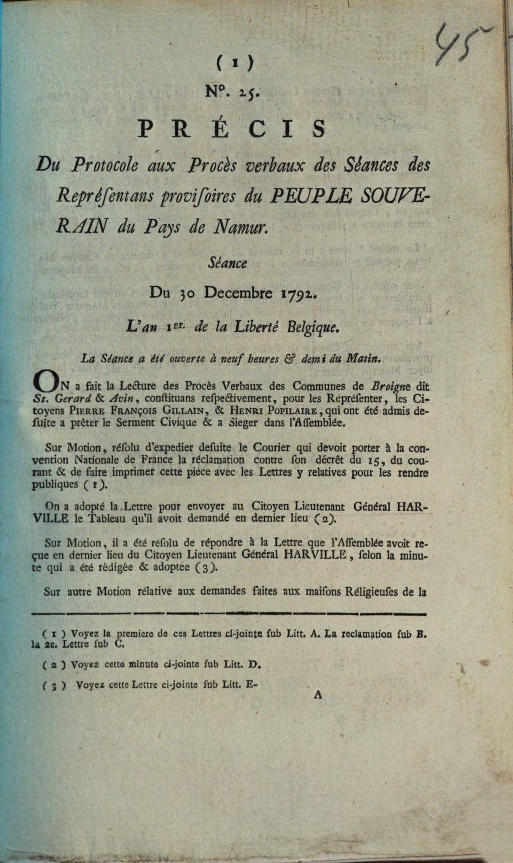 Cover of Precis Du Protocole Aux Proces verbaux des Seances des Representans provisoires du Peuple Souverain du Pays de Namur. Seance Du 30 Decembre 1792. L'an 1er de la Liberte Belgique. La Seance a ete ouverte a neuf heures & demi du Matin