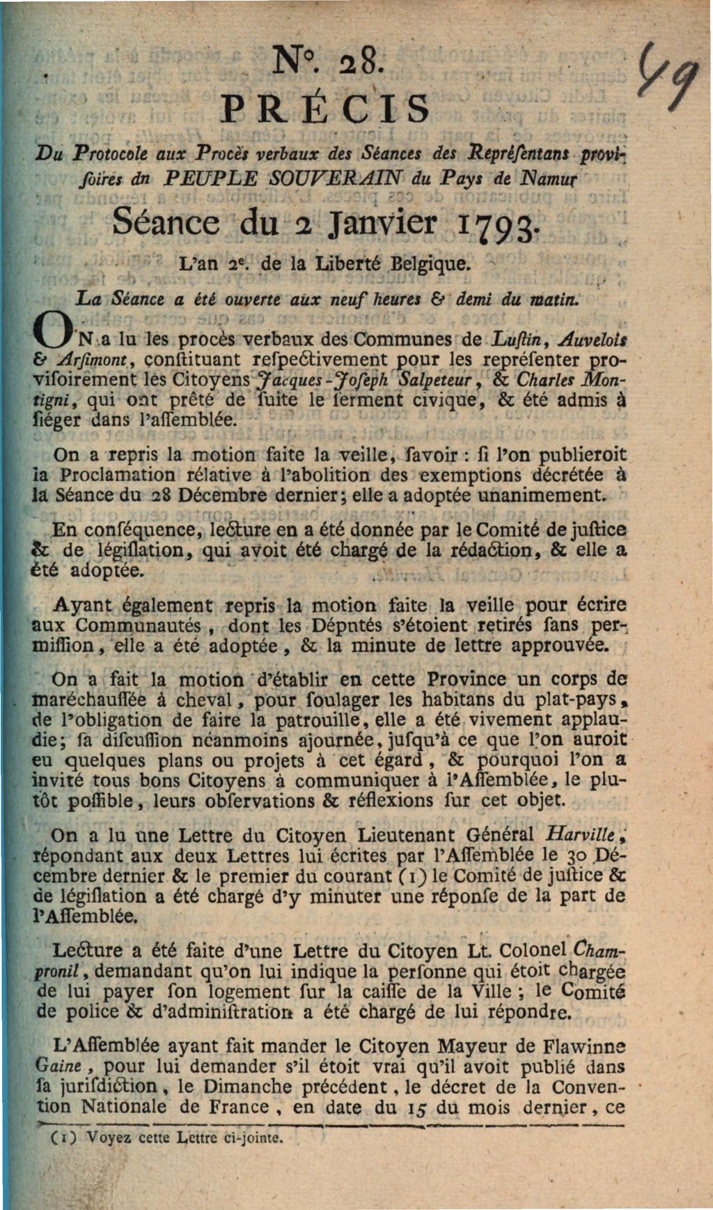 Cover of Precis Du Protocole Aux Proces verbaux des Seances des Representans provisoires du Peuple Souverain du Pays de Namur. Seance du 2 Janvier 1793. L'an 2e. de la Liberte Belgique. La Seance a ete ouverte a neuf heures & demi du Matin