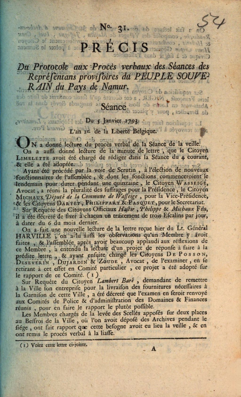 Cover of Precis Du Protocole Aux Proces verbaux des Seances des Representans provisoires du Peuple Souverain du Pays de Namur. Seance Du 5 Janvier 1793. L'an 2e de la Liberte Belgique