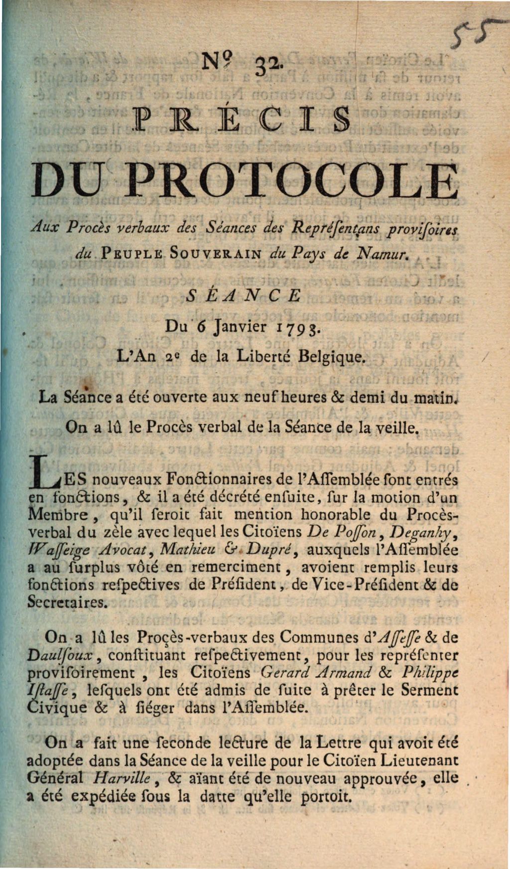 Cover of Precis Du Protocole Aux Proces verbaux des Seances des Representans provisoires du Peuple Souverain du Pays de Namur. Seance du 6 Janvier 1793. L'an 2e. de la Liberte Belgique. La Seance a ete ouverte aux neuf heures & demi du matin. On a lu le Proces verbal de la Seance de la veille