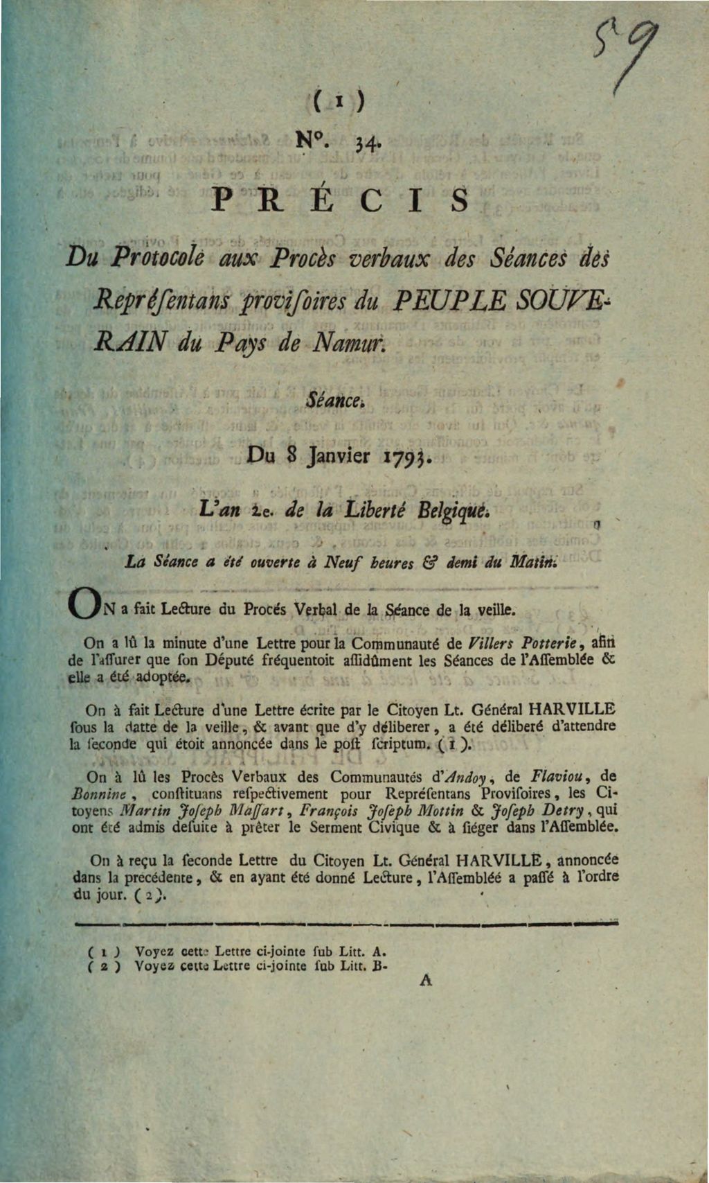 Cover of Précis Du Protocole aux Procès verbaux des Séance des Représentans provisoires du Peuple Souverain du Pays de Namur. Séance . Du 8 Janvier 1793. L'an 2e de la Liberte Belgique. La Séance a été ouverte à Neuf heures & demi du Matin