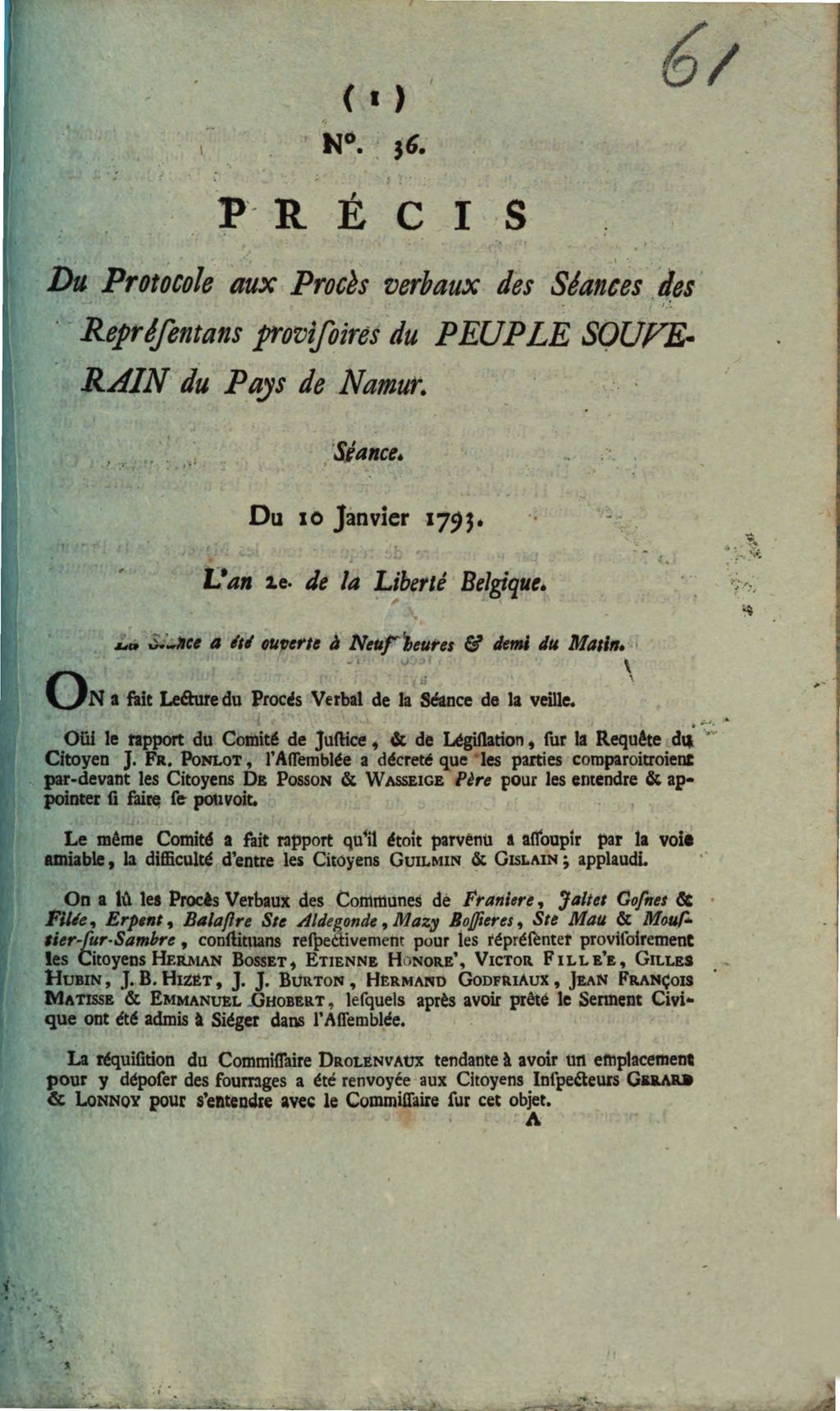 Cover of Précis Du Protocole aux Procès verbaux des Séance des Représentans provisoires du Peuple Souverain du Pays de Namur. Séance . Du 10 Janvier 1793. L'an 2e de la Liberte Belgique. La Séance a été ouverte à Neuf heures & demi du Matin