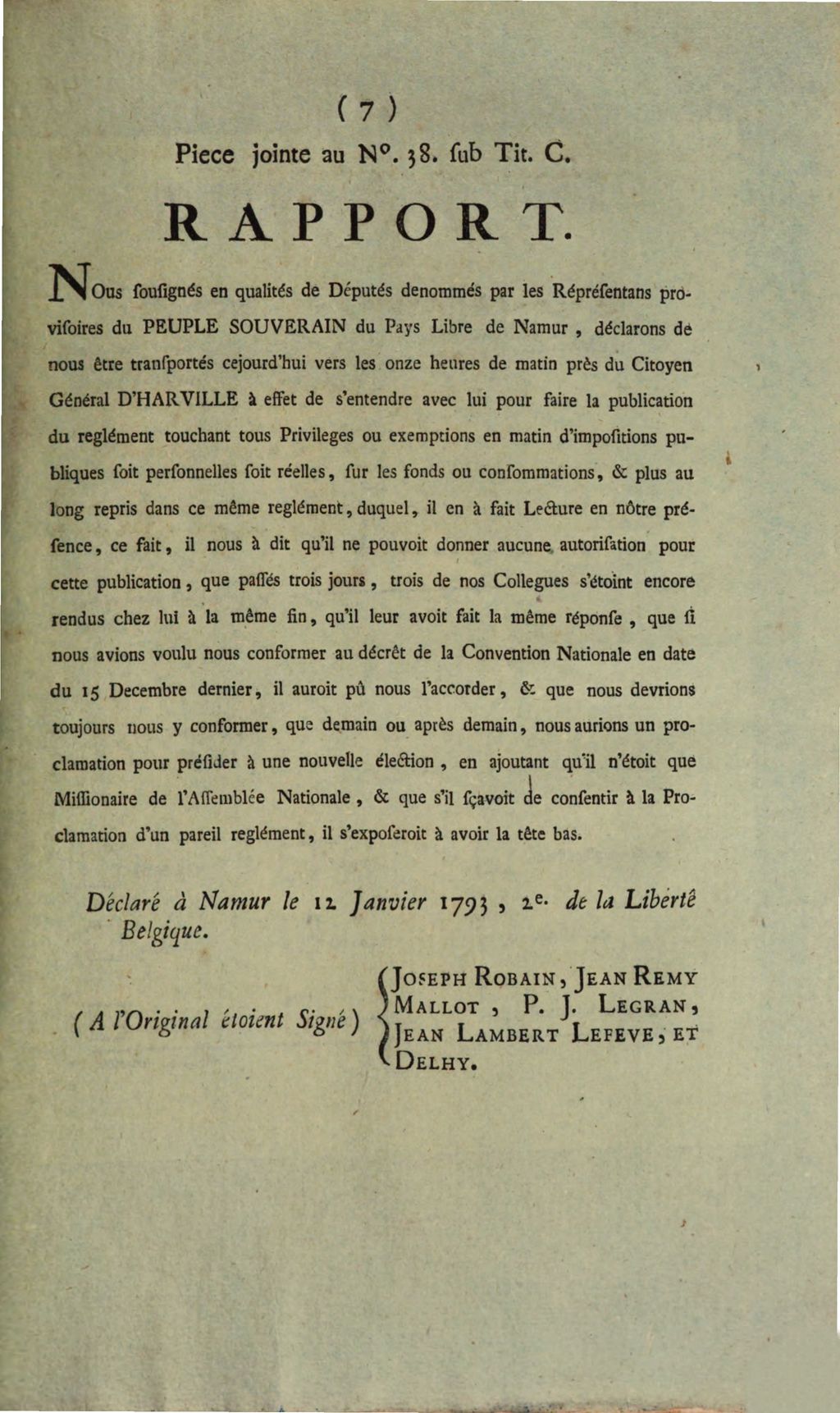 Cover of Précis Du Protocole aux Procès verbaux des Séance des Représentans provisoires du Peuple Souverain du Pays de Namur. Séance Du 12 Janvier 1793. L'an 2me de la Liberte Belgique. La Séance a été ouverte à Neuf heures & demi du Matin