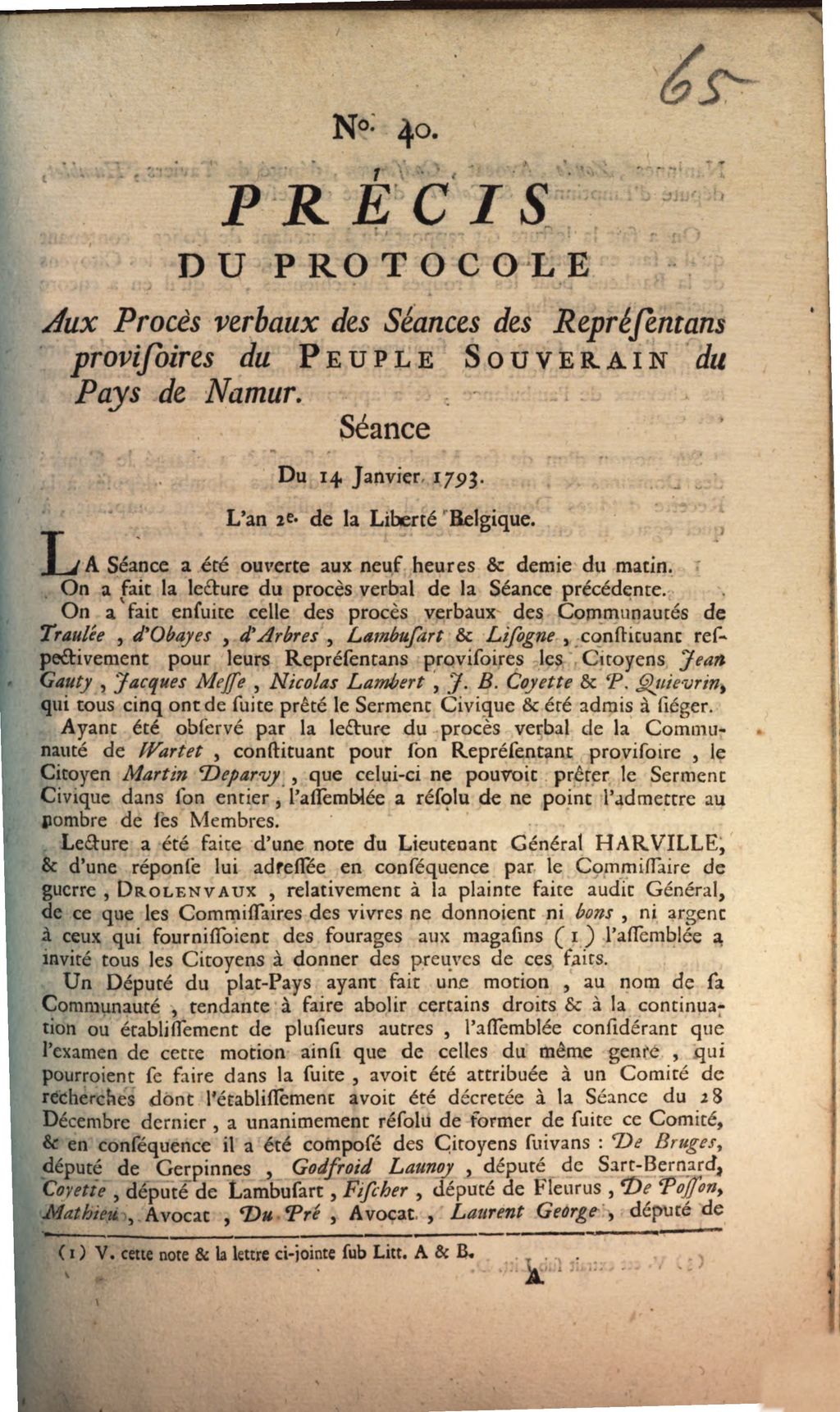 Cover of Précis Du Protocole aux Procès verbaux des Séance des Représentans provisoires du Peuple Souverain du Pays de Namur. Séance Du 14 Janvier 1793. L'an 2e de la Liberte Belgique