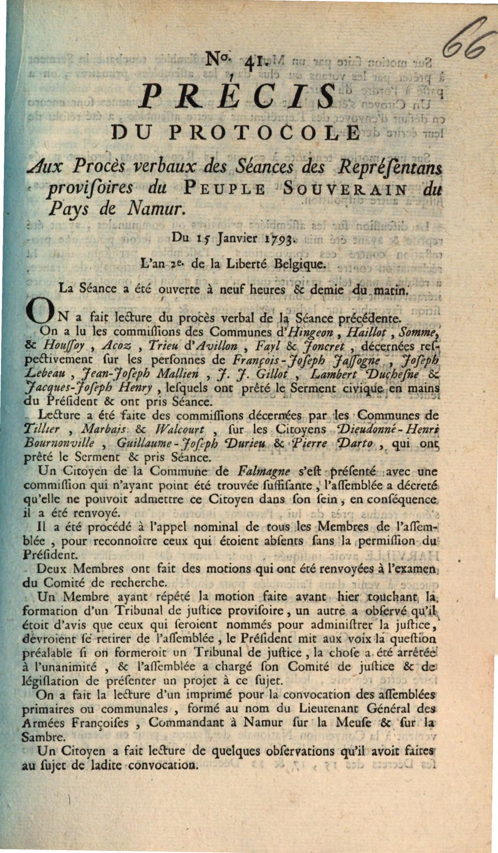 Cover of Précis Du Protocole aux Procès verbaux des Séance des Représentans provisoires du Peuple Souverain du Pays de Namur. Du 15 Janvier 1793. L'an 2e de la Liberte Belgique. La Séance a été ouverte á neuf heures & demi du Matin
