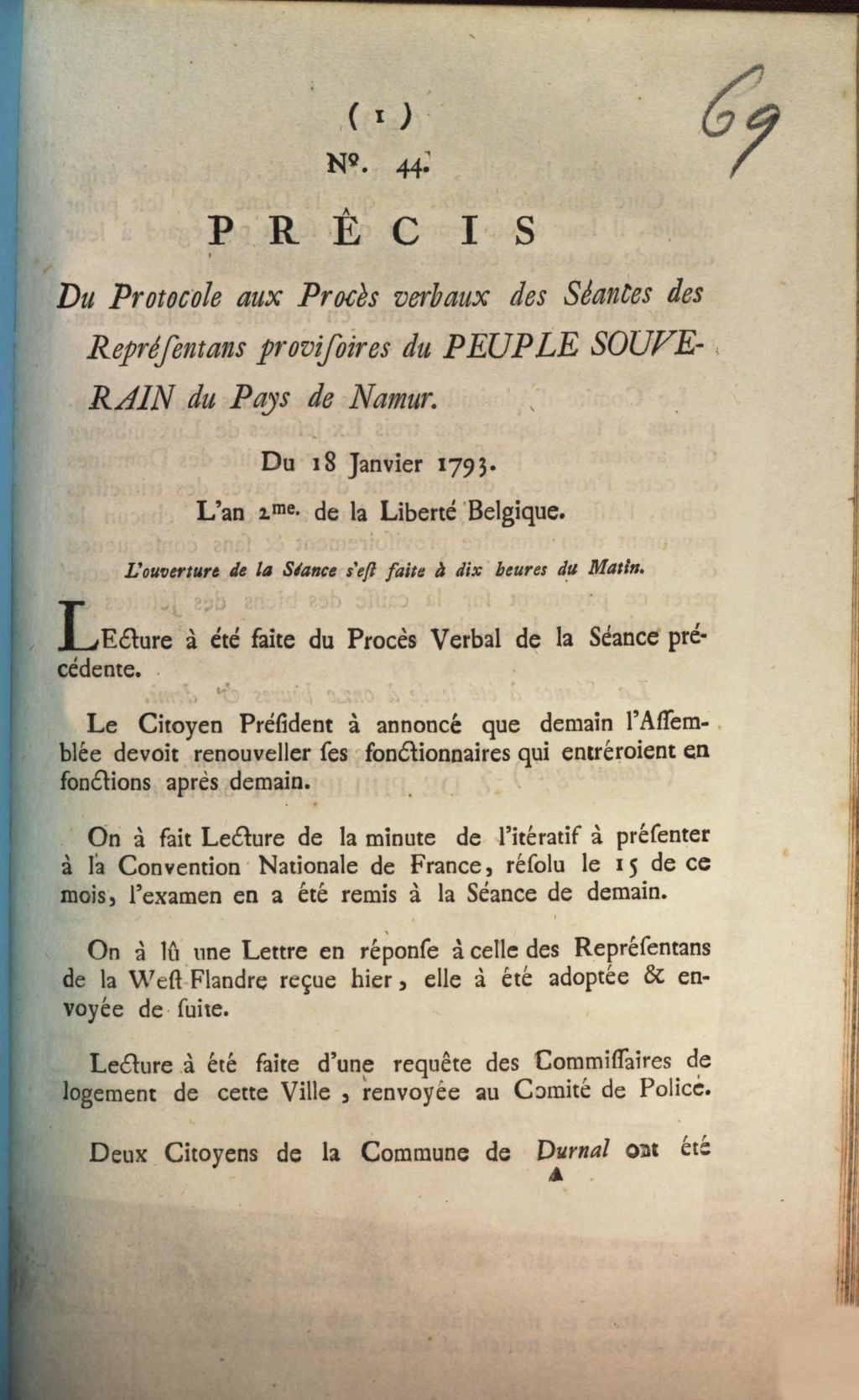 Cover of Précis Du Protocole aux Procès verbaux des Séance des Représentans provisoires du Peuple Souverain du Pays de Namur. Du 18 Janvier 1793. L'an 2me de la Liberte Belgique. L'ouverture de la Séance s'est faite à dix heures du matin