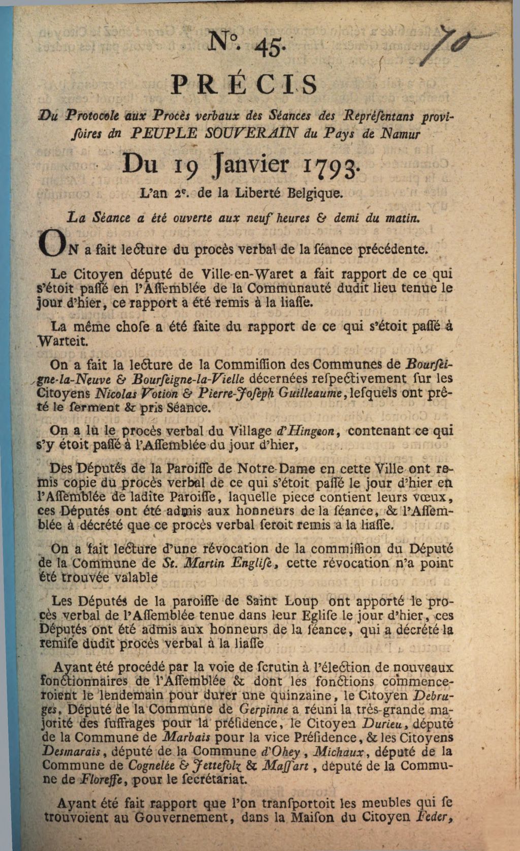 Cover of Précis Du Protocole aux Procès verbaux des Séance des Représentans provisoires du Peuple Souverain du Pays de Namur Du 19 Janvier 1793. L'an 2e de la Liberte Belgique. L'ouverture de la Séance s'est faite à dix heures du matin. La Séance a été ouverte aux neuf heures & demi du matin