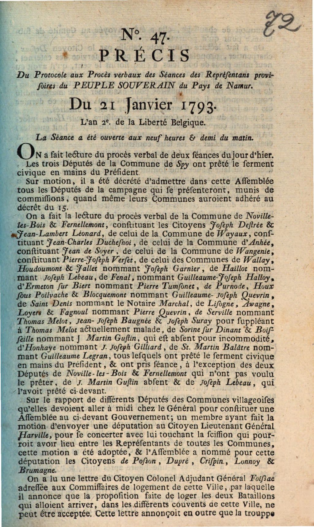 Cover of Précis Du Protocole aux Procès verbaux des Séance des Représentans provisoires du Peuple Souverain du Pays de Namur. Du 21 Janvier 1793. L'an 2e de la Liberte Belgique. La Séance a été ouverte aux neuf heures & demi du matin