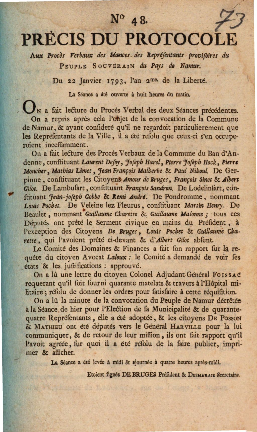 Cover of Précis Du Protocole Aux Procès verbaux des Séance des Représentans provisoires du Peuple Souverain du Pays de Namur. Du 22 Janvier 1793, l'an 2me de la Liberte. La Séance a été ouverte à huit heures du matin