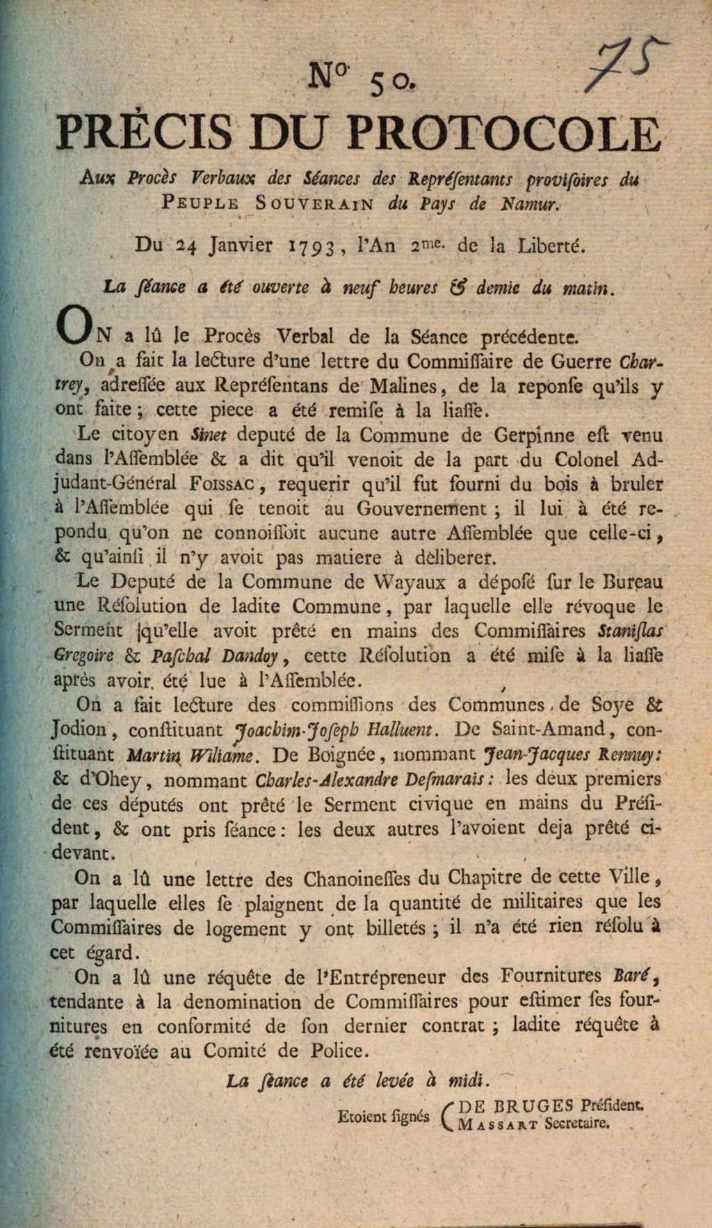 Cover of Précis Du Protocole Aux Procès verbaux des Séance des Représentans provisoires du Peuple Souverain du Pays de Namur. Du 24 Janvier 1793, l'An 2me de la Liberté. La Séance a été ouverte à neuf heures & demie du matin