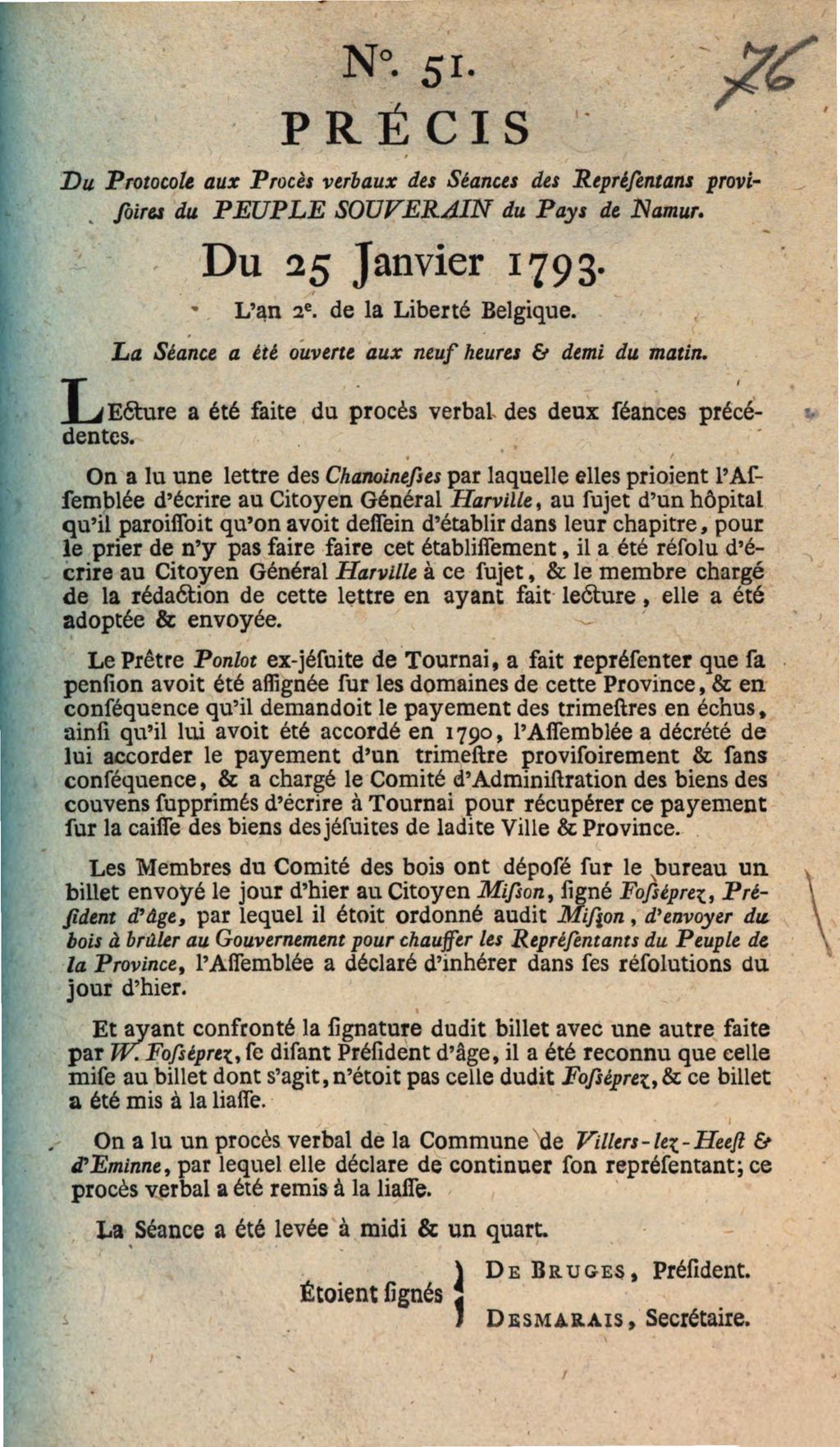Cover of Précis Du Protocole Aux Procès verbaux des Séance des Représentans provisoires du Peuple Souverain du Pays de Namur. Du 25 Janvier 1793. L'an 2e de la Liberté Belgique. La Séance a été ouverte aux neuf heures & demie du matin