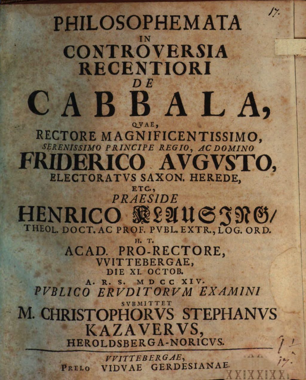 Cover of Philosophemata in controversia recentiori de cabbala
