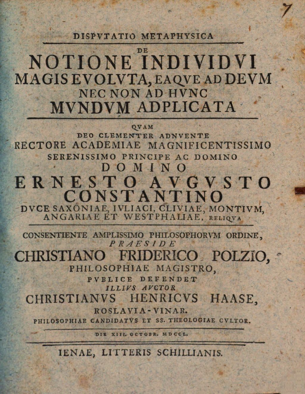 Cover of Dispvtatio Metaphysica De Notione Individvi Magis Evoluta, Eaqve Ad Devm Nec Non Ad Hvnc Mvndvm Adplicata