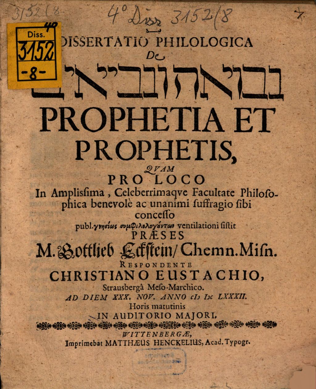 Cover of Diss. philol. de prophetia et prophetis