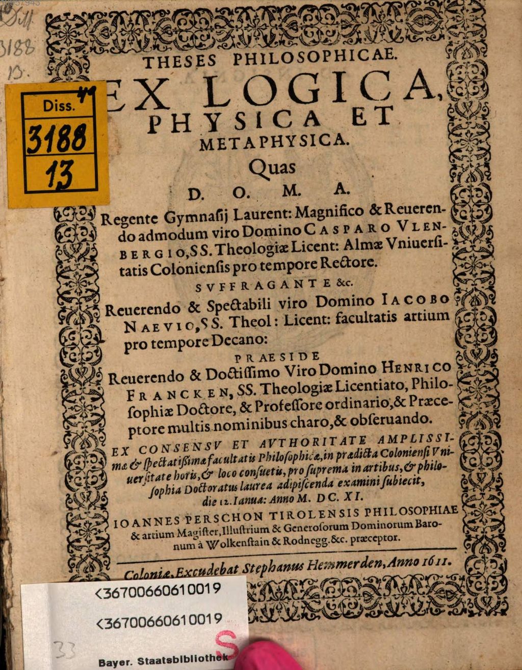 Cover of Theses philosophicae ex logica, physica et metaphysica