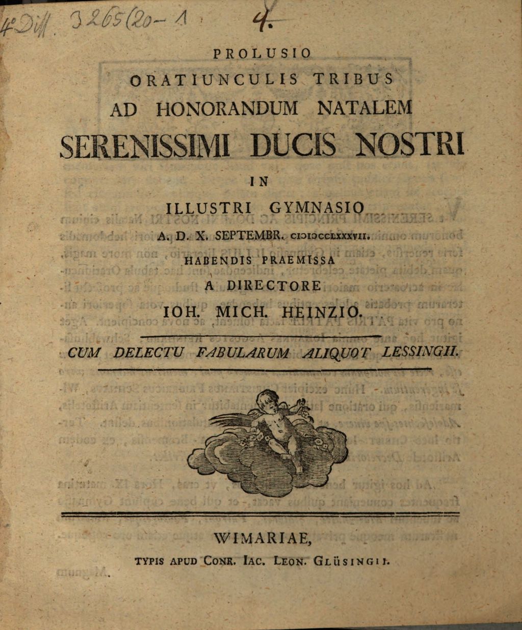 Cover of Prolusio oratiunculis tribus ad honorandum natalem serenissimi Ducis nostri in illustri Gymnasio ... habendis praemissa a Directore Ioh. Mich. Heinzio