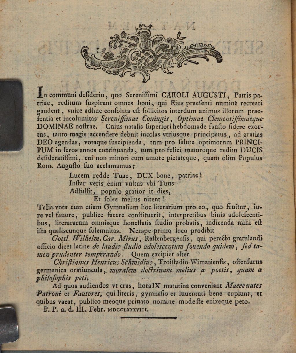 Cover of Natalem serenissimae Principis ad Dominae nostrae in Gymnasio Guilielmo-Ernestino ... pie celebrandum indicit Ioh. Michael Heinzius