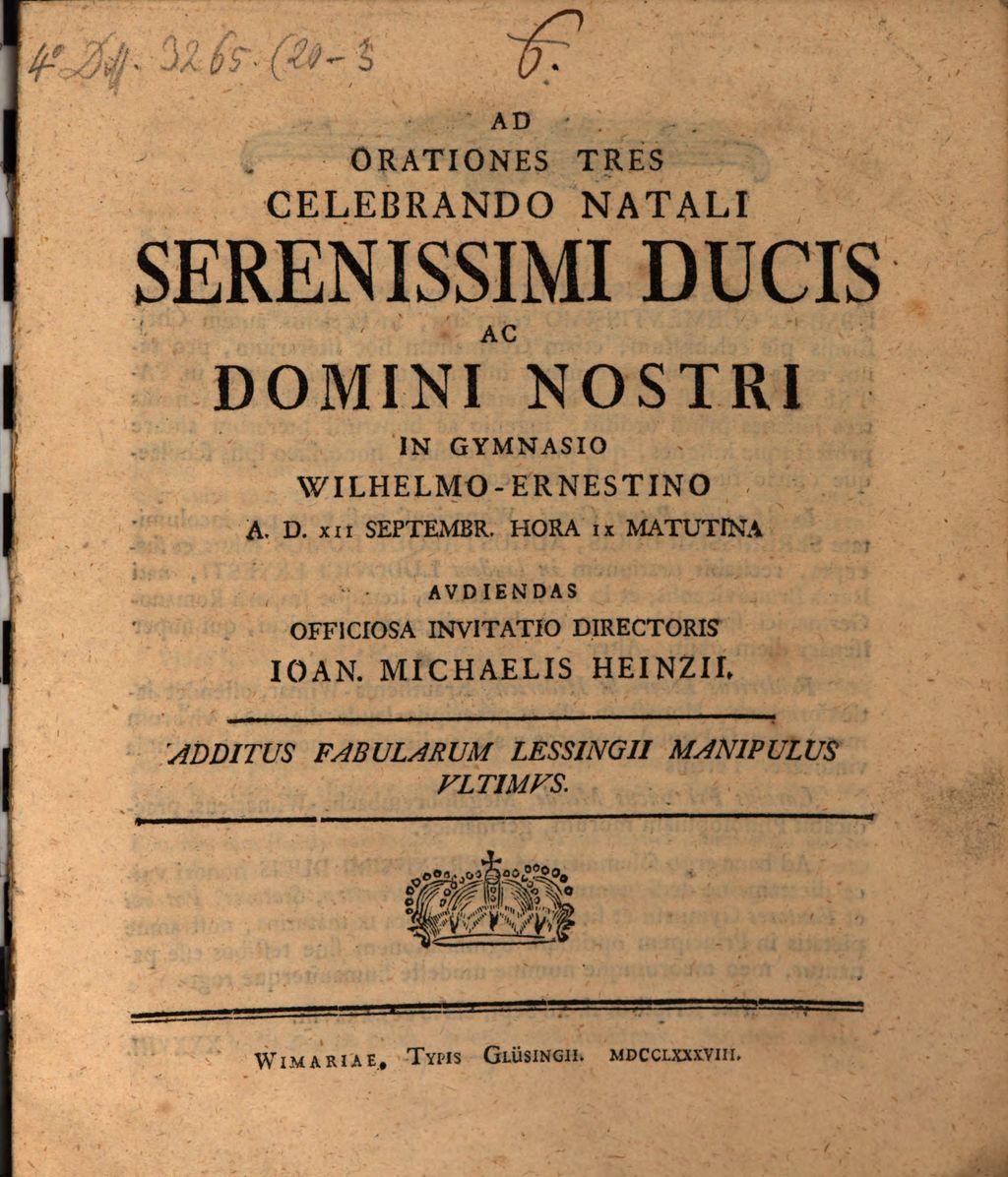 Cover of Ad orationes tres celebrando natali serenissimi Ducis ac Domini nostri in Gymnasio Wilhelmo-Ernestino ... audiendas officiosa invitatio Directoris Ioan. Michaelis Heinzii