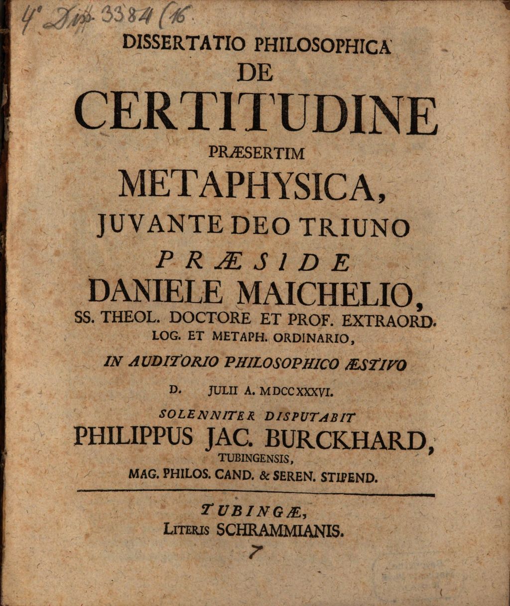 Cover of Diss. philos. de certitudine, praesertim metaphysica