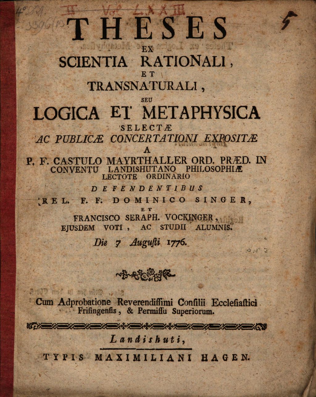 Cover of Theses ex scientia rationali et transnaturali, seu logica et metaphysica selectae