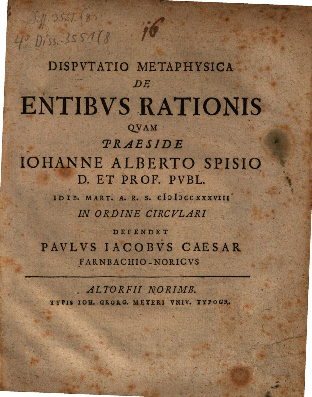 Cover of Dispvtatio Metaphysica De Entibvs Rationis