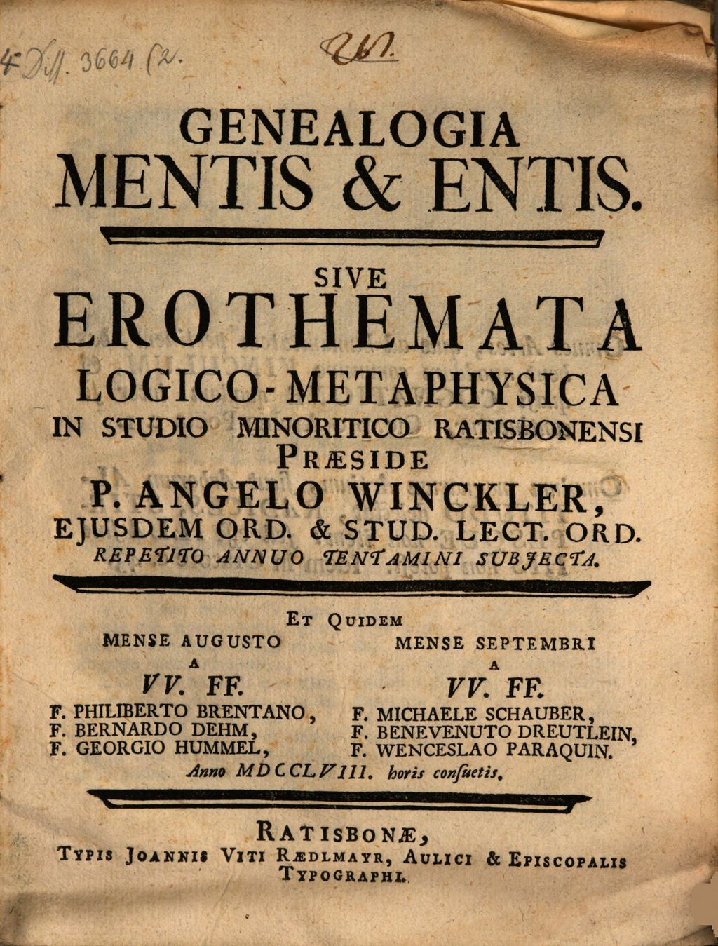 Cover of Genealogia mentis & entis sive erothemata logico- metaphysica