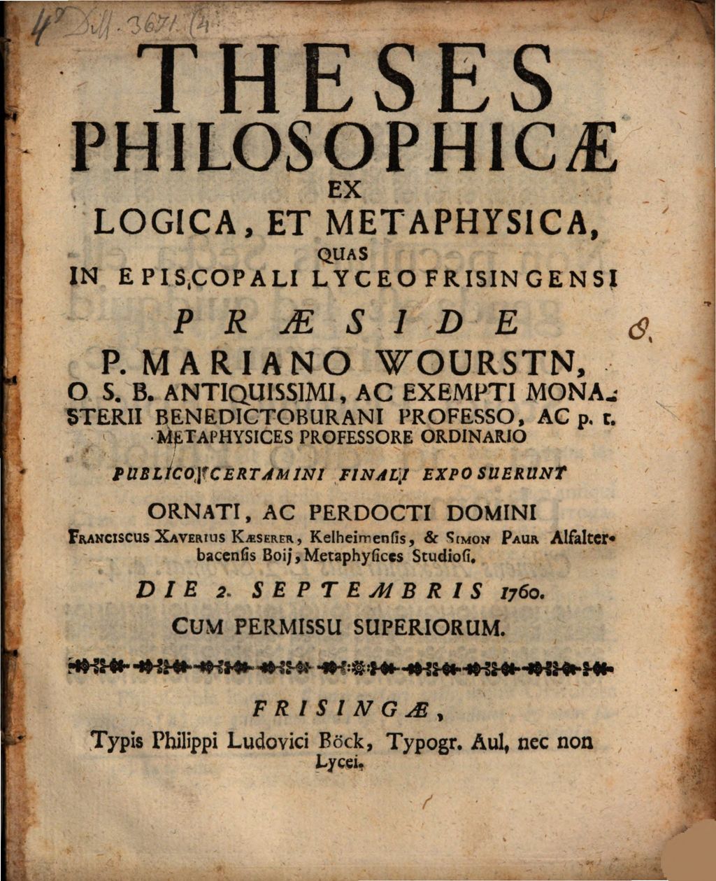 Cover of Theses ex universa logica, et metaphysica