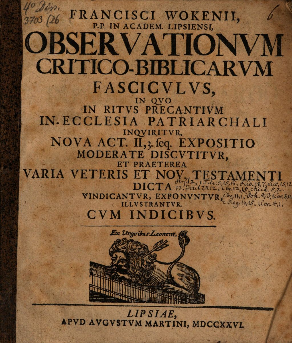 Cover of Observationum critico-biblicar. fasciculus, in quo in ritus precantium in ecclesia patriarchali inquiritur