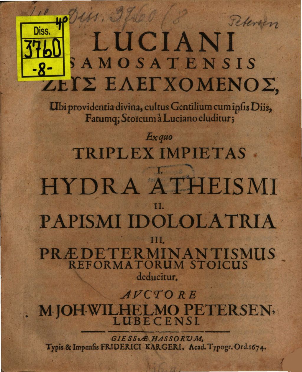 Cover of Luciani Samosatensis Zeus elenchomenos, ubi providentia divina, cultus gentilium cum ipsis diis, fatumque stoicum a Luciano eluditur