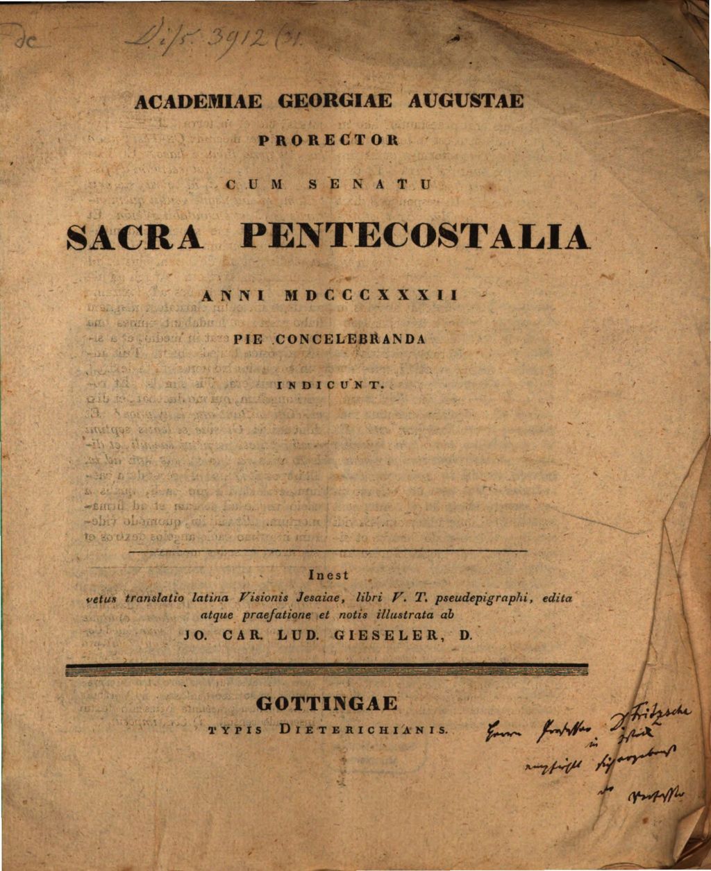 Cover of Academiae Georgiae Augustae Prorector cum Senatu Sacra pentecostalia anni 1832 pie celebranda indicunt