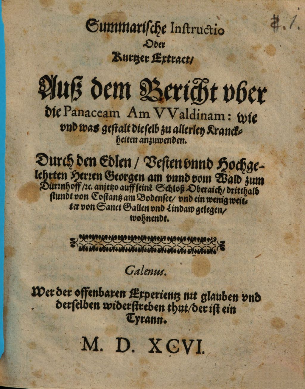 Cover of Summarische Instructio ... aus dem Bericht über die Panaceam Am-Waldinam