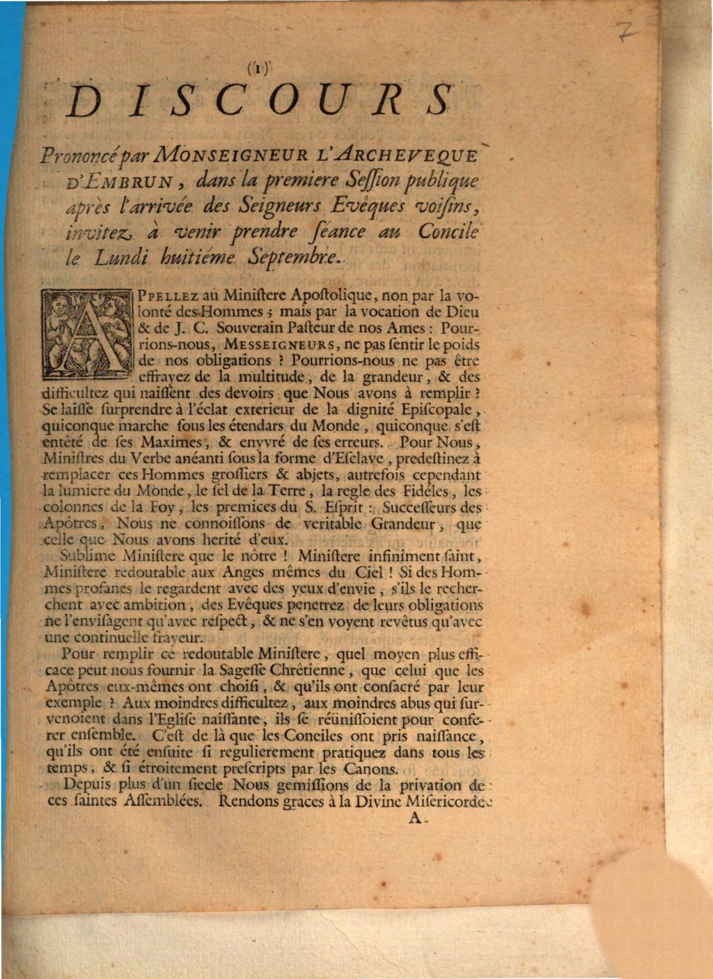 Cover of Discours Prononcé par Monseigneur L'Archeveque D'Embrun, dans la premiere Session publique après l'arrivée des Seigneurs Evêques voisins, invitez à venir prendre séance au Concile le Lundi huitiéme Septembre